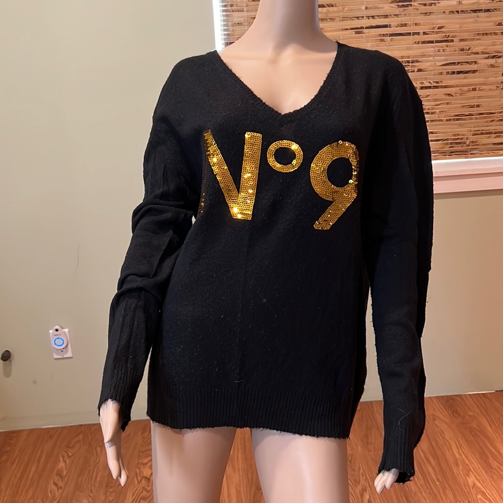 Wildfox White Label Black Sweater With No 9 On Front In Gold Sequins Size L
